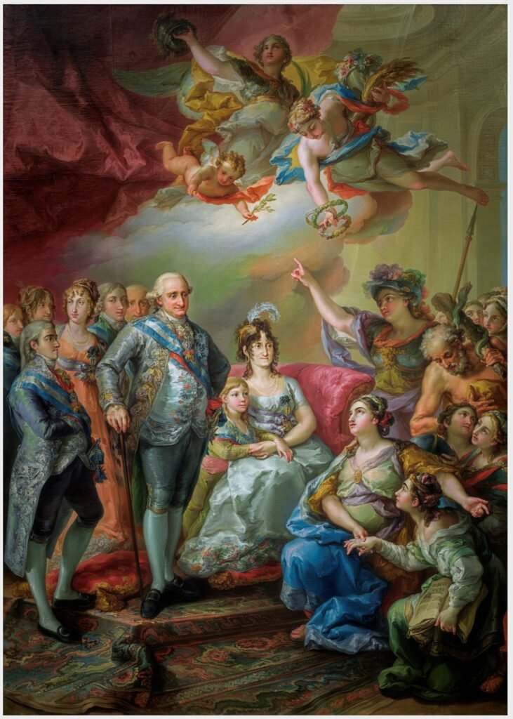 Gran retrato colectivo de Carlos IV y su familia, con alegorías y fondo barroco