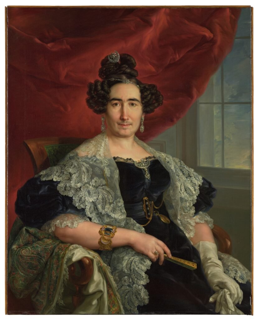 Retrato de la señora de Delicado de Imaz realizado por Vicente López en 1836, con indumentaria elegante y fondo de cortinaje que simula nobleza