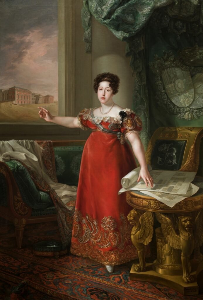 Retrato alegórico de María Isabel de Braganza como fundadora del Museo del Prado, pintado por Bernardo López Piquer con inspiración neoclásica